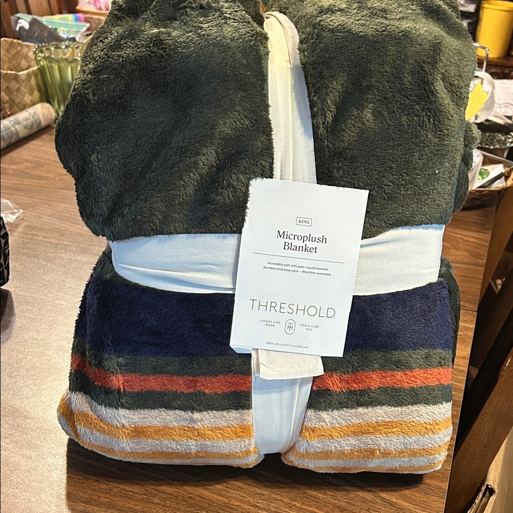 Threshold King Microplush Blanket - Olive Green with Multicolor Stripes